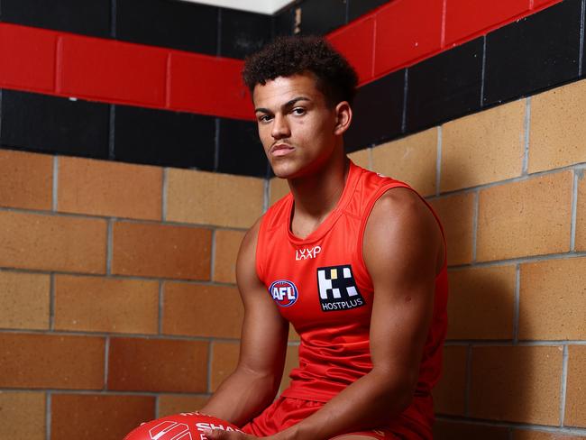 Gold Coast Suns AFL draftee Leo Lombard poses in the changerooms of his junior club, Burleigh Bombers AFC. Picture: Chris Hyde/Getty Images.