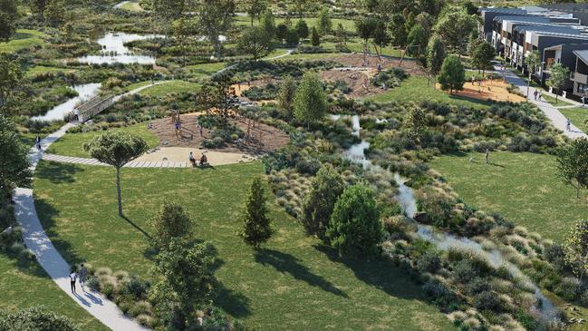 An artist's impression of the planned 38ha of parkland with shared paths, cycling tracks, and adventure play precinct.