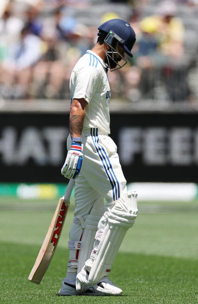 Virat Kohli trudges off after being dismissed by Josh Hazlewood for 5. Picture: Getty Images