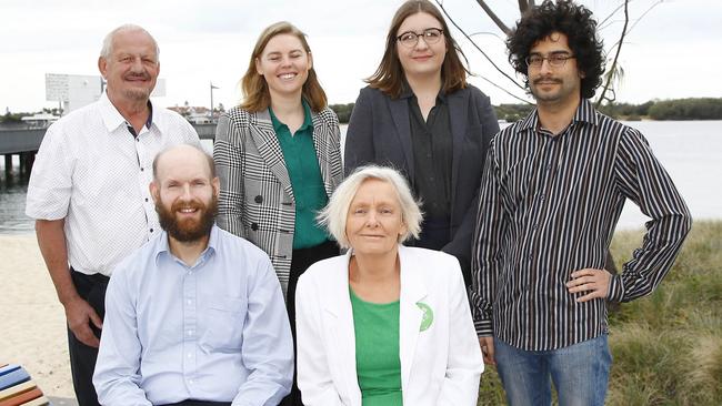 Greens candidate for the Gold Coast — back left to right: Peter Burgoyne (Currumbin), Rachel Mebberson (Burleigh), April Broadbent (Broadwater) and Amin Javanmard (Bonney) Front left to right are: Scott Turner (Mudgeeraba) and Sally Spain (Gaven). Picture: Tertius Pickard