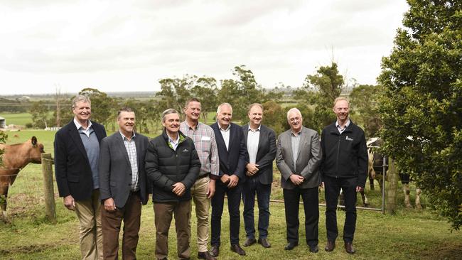 John Brumby announcing the Australian Dairy Plan at John Verseten's Longwarry property in December, 2019. Picture: Dannika Bonser