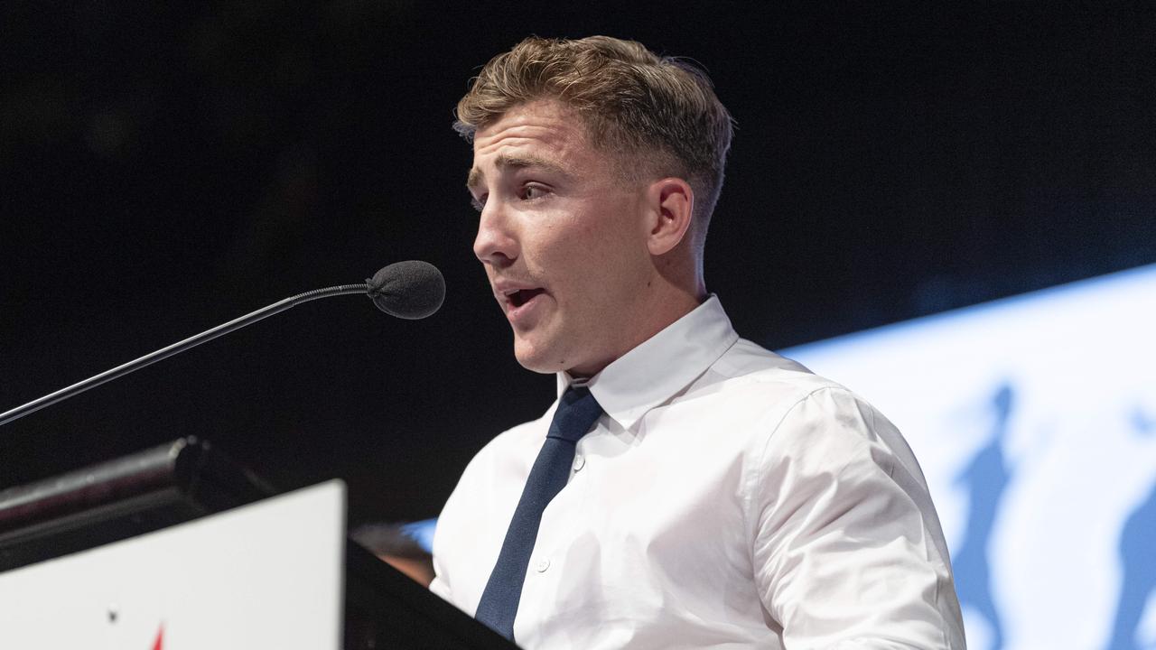 Sports Darling Downs Senior Rising Star award recipient Jackson Griffiths on stage at the presentation dinner at Rumours International, Saturday, February 1, 2025. Picture: Kevin Farmer