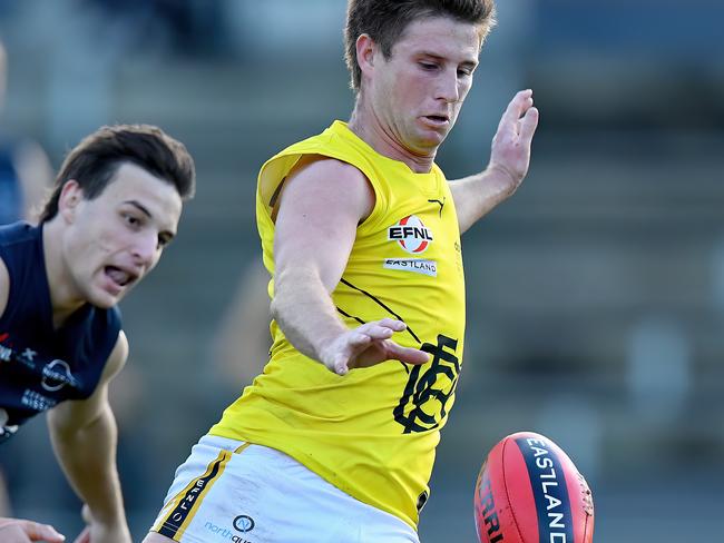 Charlie Haley of Balwyn kicks during the round five EFNL Premier Division Eastland Senior Mens match between Berwick and Balwyn at Berwick Edwin Flack Oval, on May 11, 2024, in Melbourne, Australia. (Photo by Josh Chadwick)