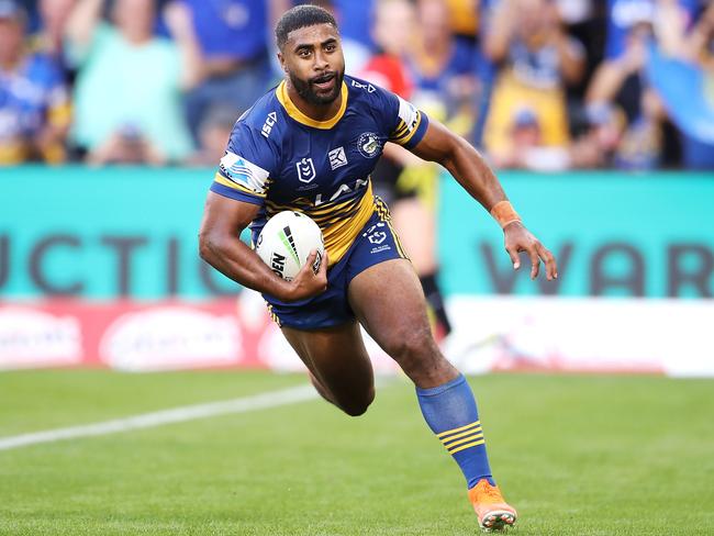 Michael Jennings of the Eels breaks away to score a try during the round 6 NRL match between the Parramatta Eels and Wests Tigers at Bankwest Stadium on April 22, 2019 in Sydney, Australia. Picture: Mark Kolbe/Getty Images