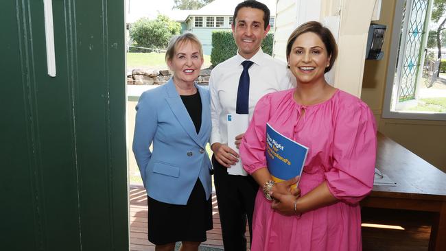 Shadow Health and Ambulance Services minister Ross Bates, Leader of the Opposition David Crisafulli and LNP candidate for Mansfield Pinky Singh during a media conference announcing the Better Health More Services plan at a chapel/ community hall in Mt Gravatt. Picture: Liam Kidston.