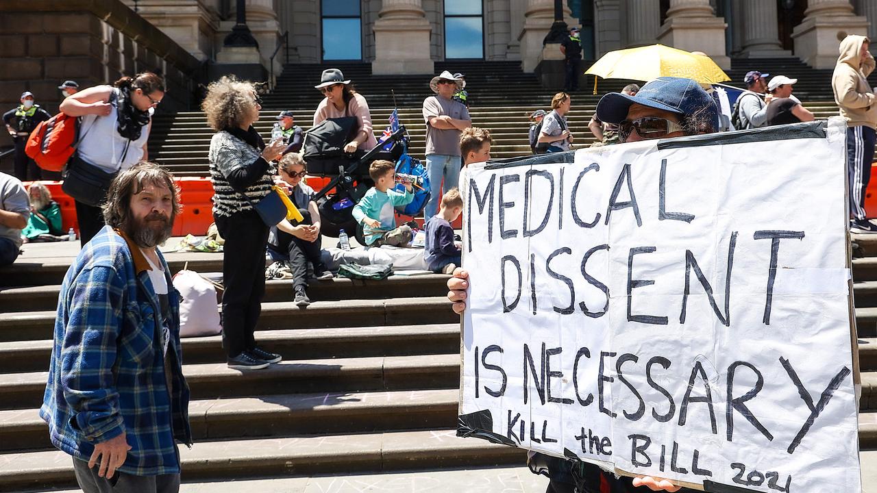 Protesters outside Victorian parliament opposing the proposed pandemic bill.