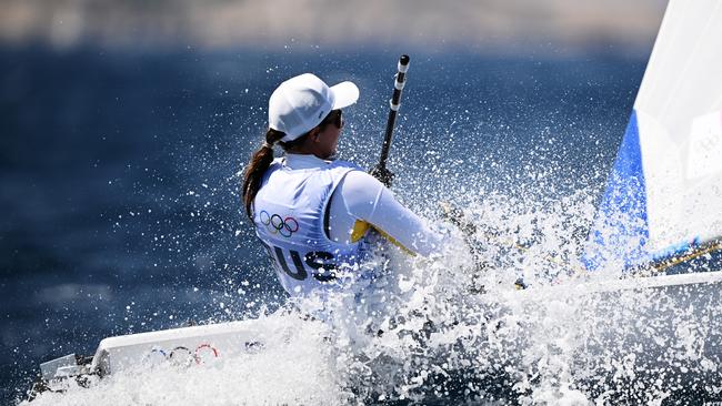 MARSEILLE, FRANCE - JULY 30: Zoe Thomson of Australia sails her Womens Dinghy during a training session on day four of the Olympic Games Paris 2024 at Marseille Marina on July 30, 2024 in Marseille, France. (Photo by Clive Mason/Getty Images)