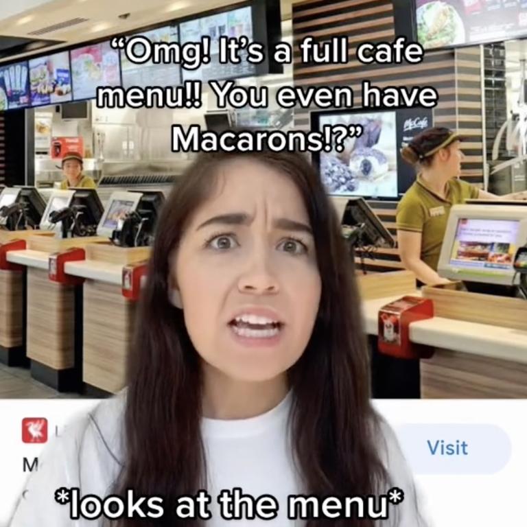 Ms Wuerfel was stunned to find out Aussie Macca’s had a full other menu in its McCafe section. Picture: TikTok/@kayywuerf