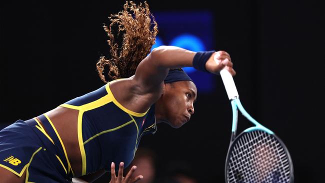 USA's Coco Gauff serves to Belarus' Aryna Sabalenka during their women's singles semi-final. Picture: David Gray/ AFP.