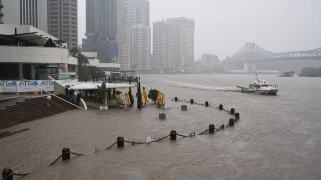 Restaurants and walkways along the Brisbane River inundated. Picture: Gabriel Baron