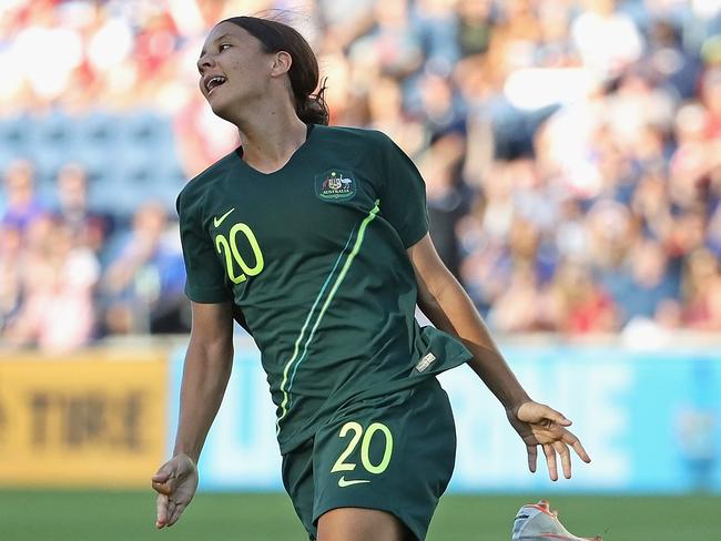 Sam Kerr celebrates scoring for Australia against Japan at the Tournament of Nations in the US in August. Picture: Getty Images