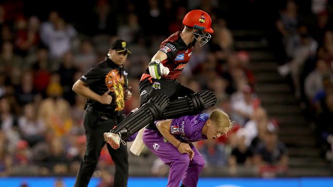 Sam Harper colliding with Nathan Ellis in a freak accident.