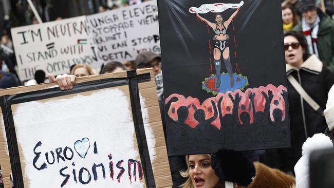 Pro-Palestinian supporters wave flags and carry placards during a demonstration organized by 'Together for Palestine' with demands for cease-fire and to exclude Israel from the Eurovision Song Contest, in central Stockholm, Sweden. Picture: Fredrik Persson