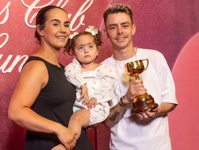 Oaks Day Lunch at Crown Casino. Cup winning jockey Robbie Dolan with his partner Christine and daughter Maisie. Picture: Jake Nowakowski