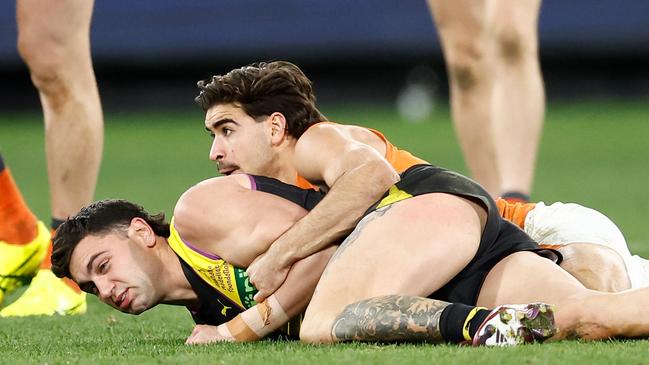 GWS forward Toby Bedford had his three-week suspension overturned on Thursday night after Richmond star Tim Taranto was concussed by his tackle on Sunday. Picture: Michael Willson / Getty Images