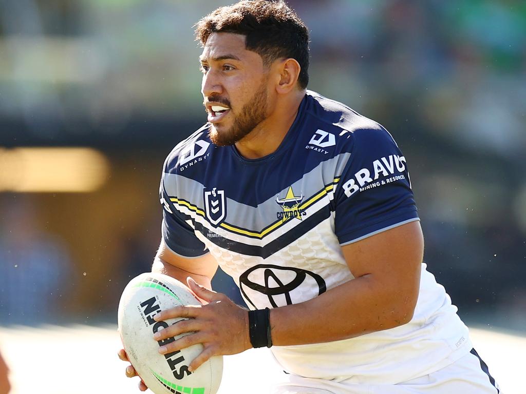 QUEANBEYAN, AUSTRALIA - FEBRUARY 25: Jason Taumalolo of the Cowboys in action during the NRL Pre-season challenge match between Canberra Raiders and North Queensland Cowboys at Seiffert Oval on February 25, 2024 in Queanbeyan, Australia. (Photo by Mark Nolan/Getty Images)