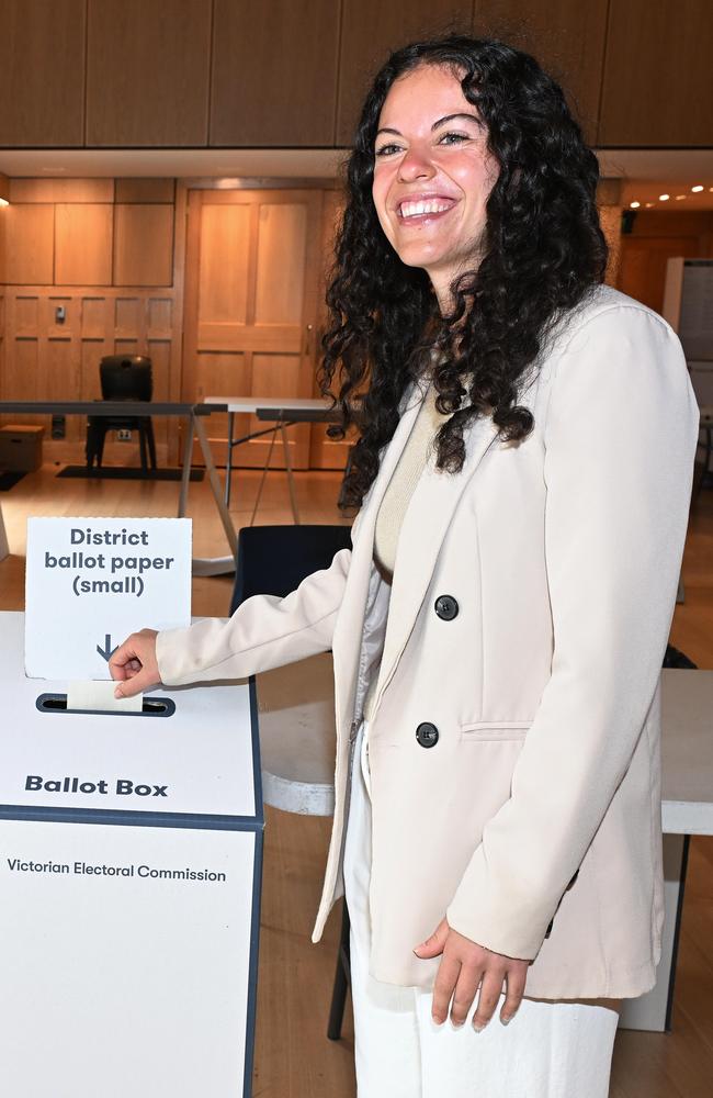 Greens candidate Angelica Di Camillo casts her vote in the Prahran by-election. Picture: Josie Hayden