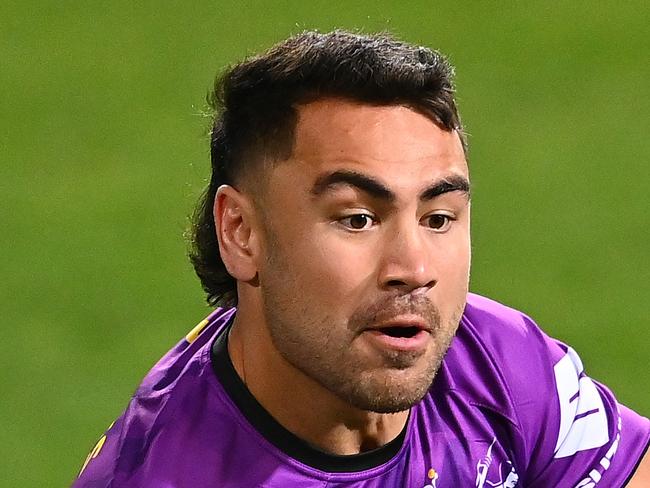 MELBOURNE, AUSTRALIA - MAY 30: Jahrome Hughes of the Storm warms up for the round three NRL match between the Melbourne Storm and the Canberra Raiders at AAMI Park on May 30, 2020 in Melbourne, Australia. (Photo by Quinn Rooney/Getty Images)