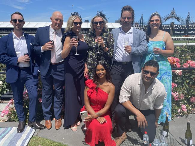 Nikki, Kaycee, Ian, Kelly, Patty, Diana and Big Papa at the 2024 Oaks Day. Picture: Himangi Singh.