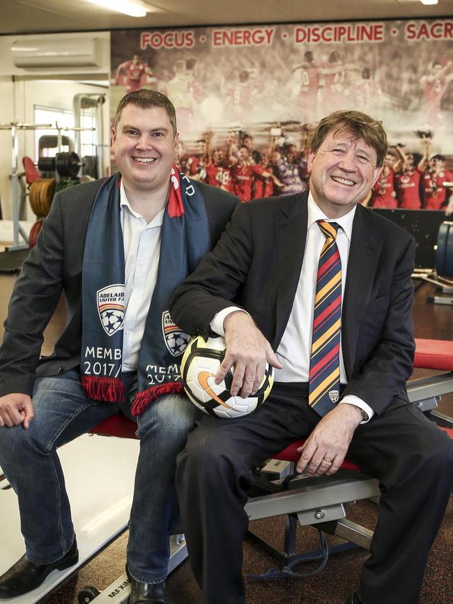 Former Adelaide United Chairman and Mal Hemmerling’s lawyer Greg Griffin (right) with Playford Mayor Glenn Docherty in happier times (November 2017). Picture: Mike Burton