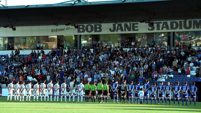 Players from South Melbourne and Melbourne Knights. line up for the last ever National Soccer League derby between the two arch rivals. PHOTO: George Salpigtidis.