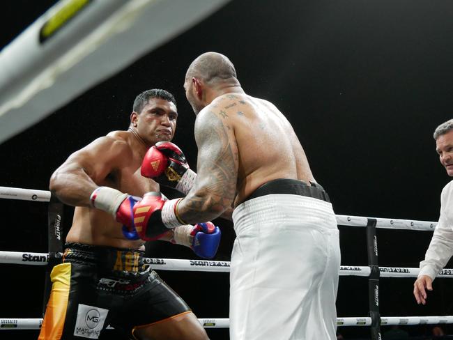 Tevita Pangai Jr Jnr defeats Frank Amato by majority decision (57-57, 58-56, 59-56) at the Battle of the Reef fight night at the Townsville Entertainment and Convention centre, October 7 2023. Picture: Blair Jackson.