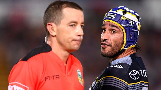 Johnathan Thurston and referee Ben Cummins last week.