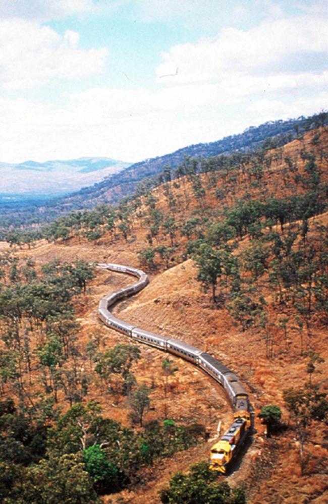 Aerial view of the "Spirit of the Outback" train snaking its way through the Queensland bush, 2008.