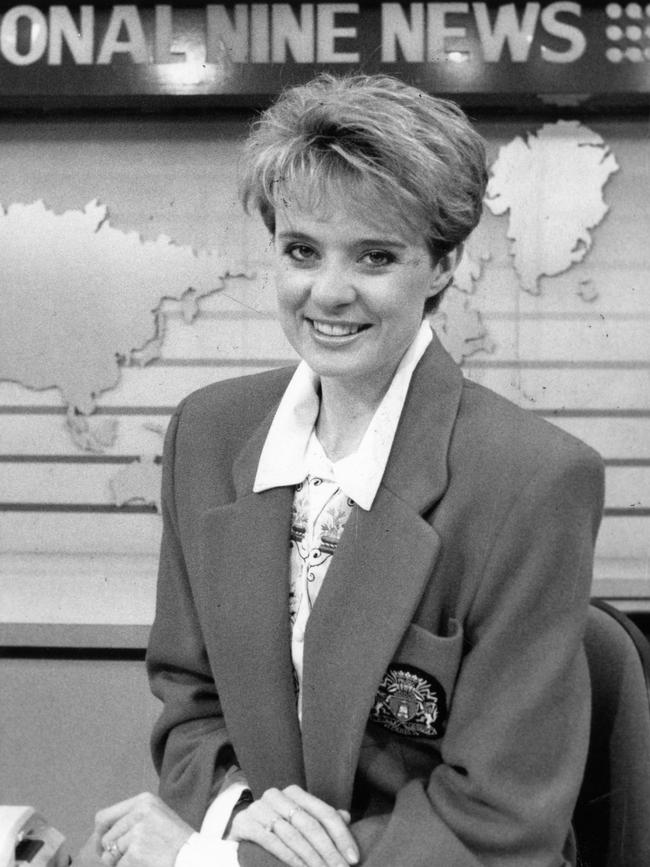 Georgina McGuinness sitting at the newsdesk in the Adelaide studio in 1991.