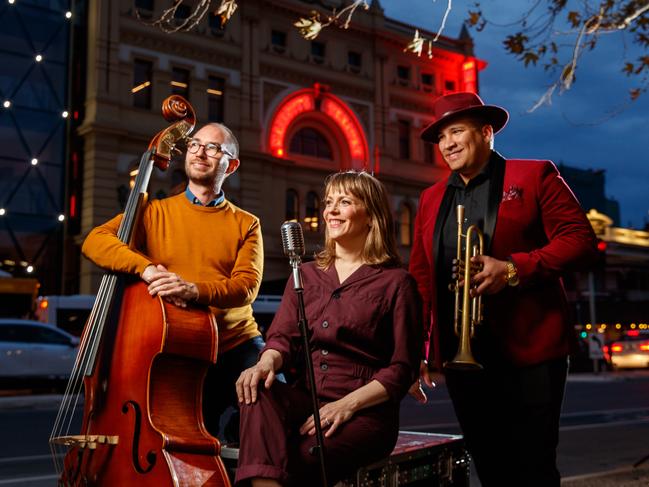 Music @ The Maj performers Double Bass player, composer and show curator - Lyndon Gray, Vocalist - Jo Lawry and Trumpeter and composer - Lazaro Numa. on August 10, 2020 at Her MajestyÃs Theatre. A few musicians from the concert titled ÃA Night of JazzÃ Picture Matt Turner.