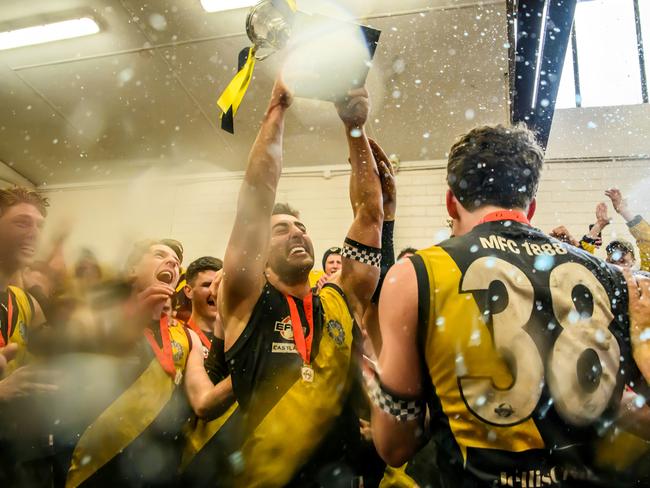 EFNL 2024: Euphoria sweeps the Mitcham rooms after its Division 1 grand final win - and promotion to Premier. Picture: Leesa Clarkson