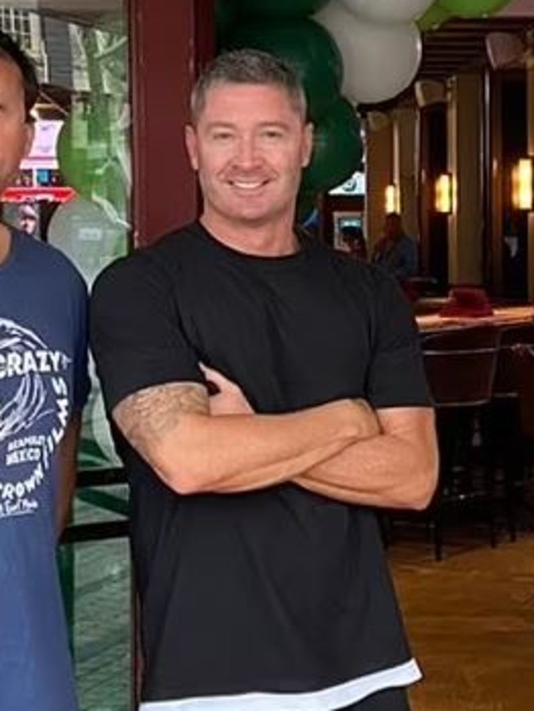 Michael Clarke (C) alongside cohosts Laurie Daley (L) and Gerard Middleton (R) at the Hotel Steyne in Manly for the 2023 Super Bowl.