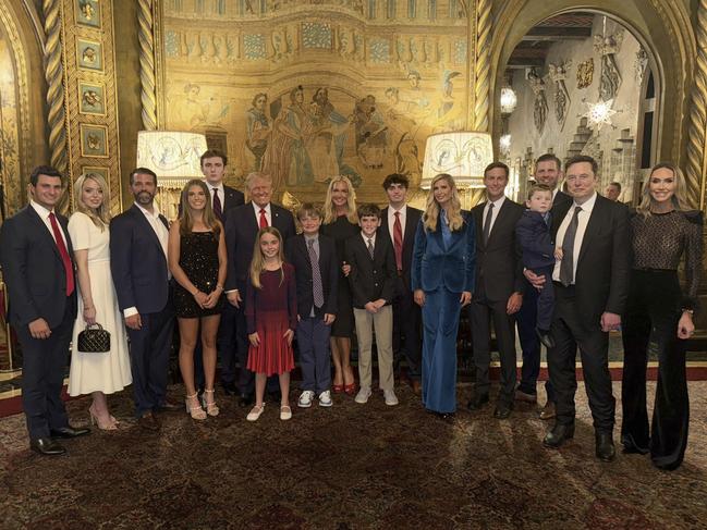 (L-R) Michael Boulos (Tiffany's husband), Tiffany Trump, Donald Trump Jr, Kai Trump, Barron Trump, Donald Trump, (Donald Trump Jr's KIDS (L-R) Chloe, Tristan, Spencer & Donald III) Vanessa Trump nee Haydon, Ivanka Trump, Jared Kushner, Eric Trump, X Æ A-12 Musk, Elon Musk & Lara Trump. Picture: X/@KaiTrumpGolfs