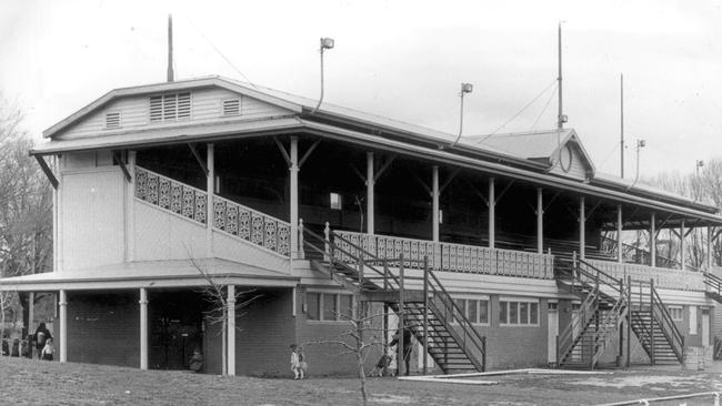 The grandstand in 1984. Fitzroy Football Club's old home ground in Brunswick Street Oval. Brunswick St Oval.