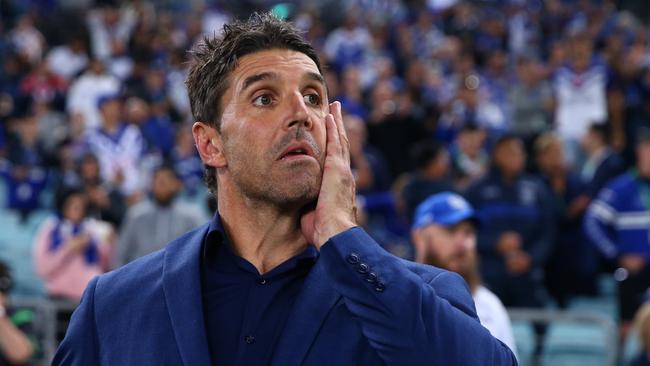 SYDNEY, AUSTRALIA - APRIL 30: Bulldogs coach Trent Barrett reacts after winning the round eight NRL match between the Canterbury Bulldogs and the Sydney Roosters at Stadium Australia on April 30, 2022 in Sydney, Australia. (Photo by Jason McCawley/Getty Images)