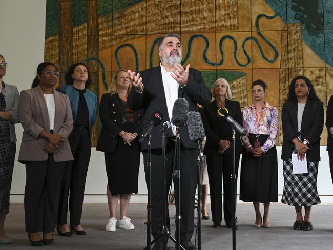 CANBERRA, AUSTRALIA - NewsWire Photos - November 27, 2024: CEO Asylum Seeker Resource Centres, Kon Karapanagiotidis along with Human rights advocates and Independent MPs, hold a press conference to call on Labor to stop "Brutal" migration bills at Parliament House in Canberra. Picture: NewsWire / Martin Ollman