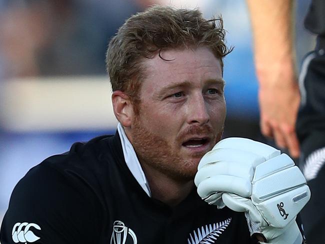 LONDON, ENGLAND - JULY 14:  Martin Guptill of New Zealand looks distraught following his sides Super-Over defeat a s Jimmy Neesham looks on during the Final of the ICC Cricket World Cup 2019 between New Zealand and England at Lord's Cricket Ground on July 14, 2019 in London, England. (Photo by Michael Steele/Getty Images)