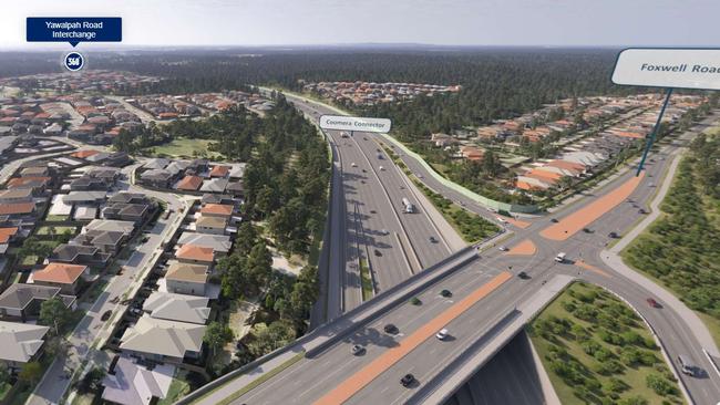 Future northern stages of the Coomera Connector. This graphic shows the Foxwell Road intersection and then north to Yawalpah Road.