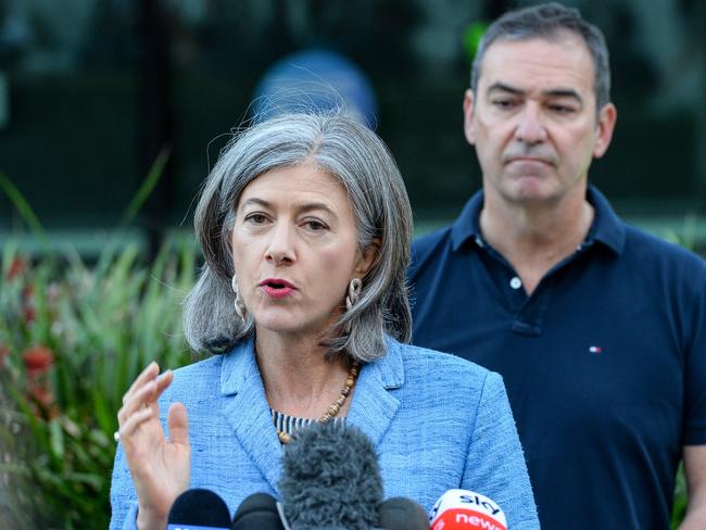 Nicola Spurrier and Steven Marshall prior to getting their second vaccines at the RAH, Monday March 15, 2021. Picture: Brenton Edwards