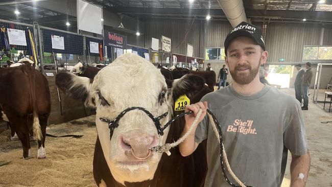Caleb Croker from Talumbi Poll Herefords at Goulburn, NSW, with the senior champion bull at the Herefords Australia national show and sale at Wodonga, which went on to sell for $26,000 to fellow stud breeders Merewah Poll Herefords at Boggabilla, NSW. The bull had earlier in the year won the supreme Hereford exhibit at the Royal Easter Show at Sydney, NSW.