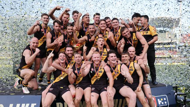 Tigers players celebrate after the 2023 SANFL Grand Final between Sturt and Glenelg at Adelaide Oval in Adelaide, Sunday, September 24, 2023. Picture: SANFL Image/David Mariuz