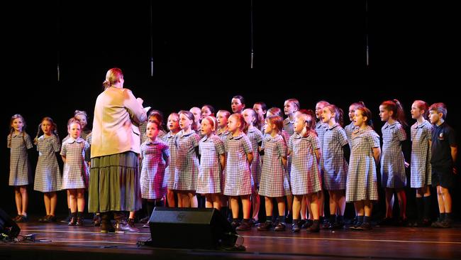 St Therese Primary School students performing at the Geelong Schools Music and Movement Festival. Picture: Alison Wynd