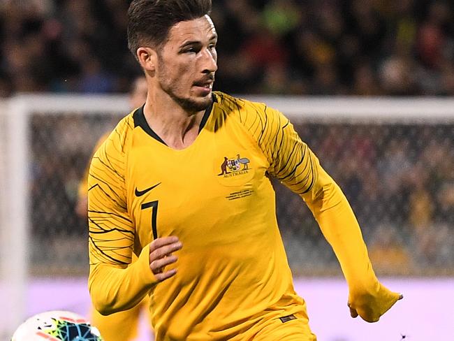 Mathew Leckie of Australia in action during the FIFA World Cup Asian Qualifiers match between the Australian Socceroos and Nepal at GIO Stadium in Canberra, Thursday, October 10, 2019. (AAP Image/James Gourley) NO ARCHIVING, EDITORIAL USE ONLY.