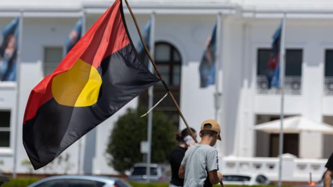 Protesters on the lawns of Old Parliament House, in Canberra. Picture: NCA NewsWire / Gary Ramage