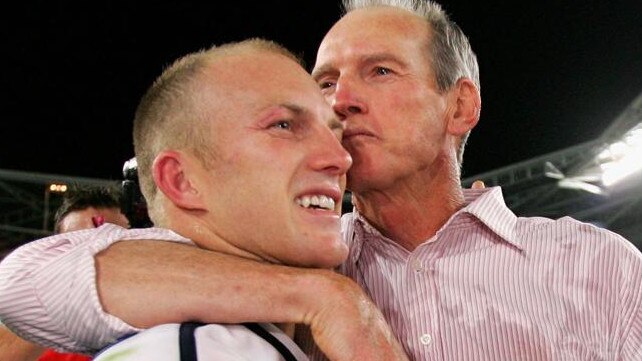 Darren Lockyer and Wayne Bennett celebrate after winning the 2006 NRL grand final. Picture: Getty Images