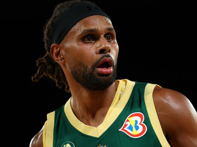 MELBOURNE, AUSTRALIA - AUGUST 14: Patty Mills of the Boomers looks on during the match between Australia Boomers and Venezuela at Rod Laver Arena on August 14, 2023 in Melbourne, Australia. (Photo by Graham Denholm/Getty Images)