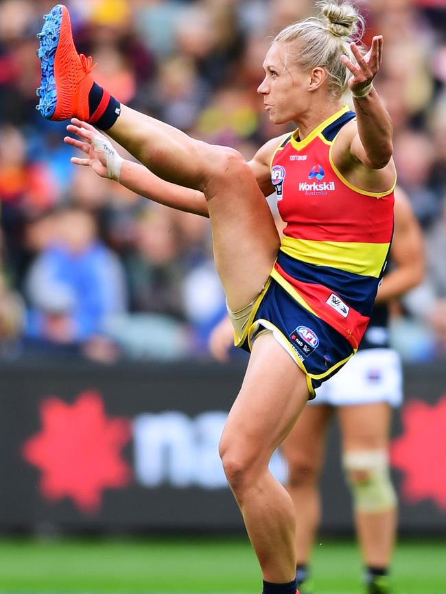 Crows co-captain Erin Phillips kicks a goal during the AFLW Grand Final match between Adelaide and Carlton at Adelaide Oval on March 31, 2019. Picture: Mark Brake/Getty Images