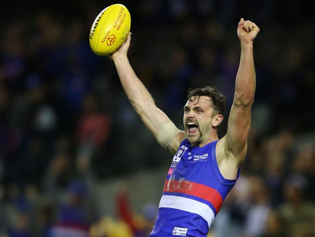 MELBOURNE, VICTORIA - SEPTEMBER 25: Anthony Barry of Footscray celebrates the win on the final siren during the VFL Grand Final match between the Casey Scorpions and the Footscray Bulldogs at Etihad Stadium on September 25, 2016 in Melbourne, Australia. (Photo by Michael Dodge/AFL Media/Getty Images)