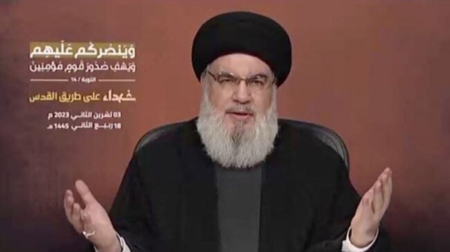 Hezbollah leader Sayyed Hassan Nasrallah delivers his first address since the October conflict between Palestinian group Hamas and Israel. Picture: Supplied