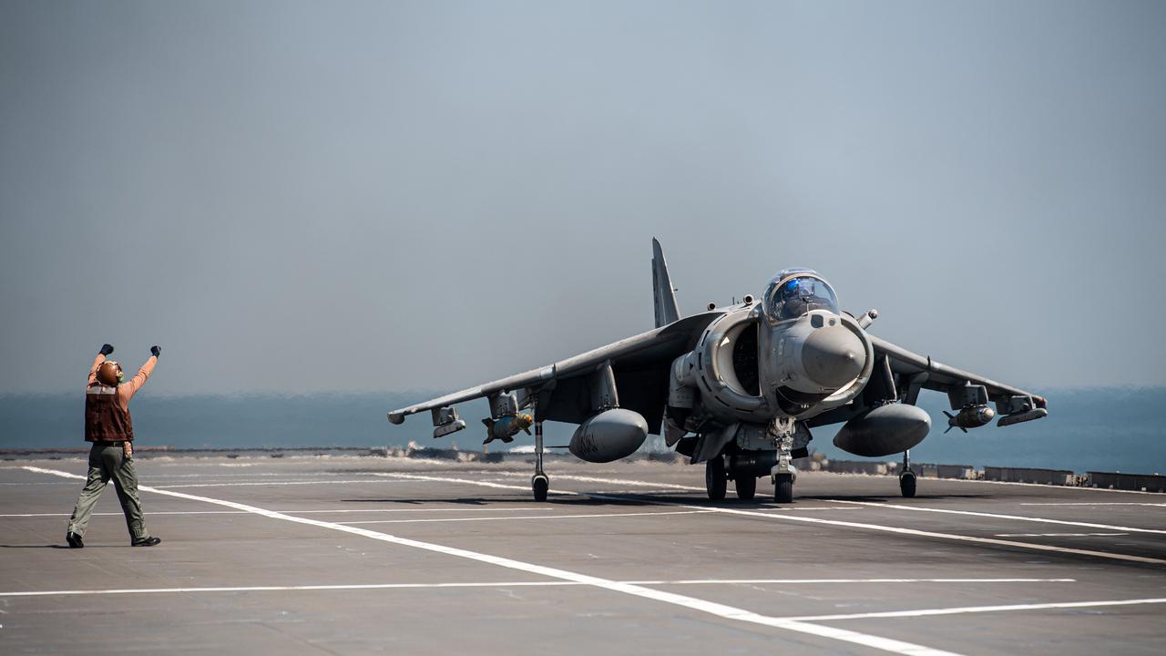 Av-8B Harrier as Italian aircraft carrier ITS Cavour gave media a glimpse into what a standard few hours aboard the mammoth vessel looks like. Picture: Pema Tamang Pakhrin